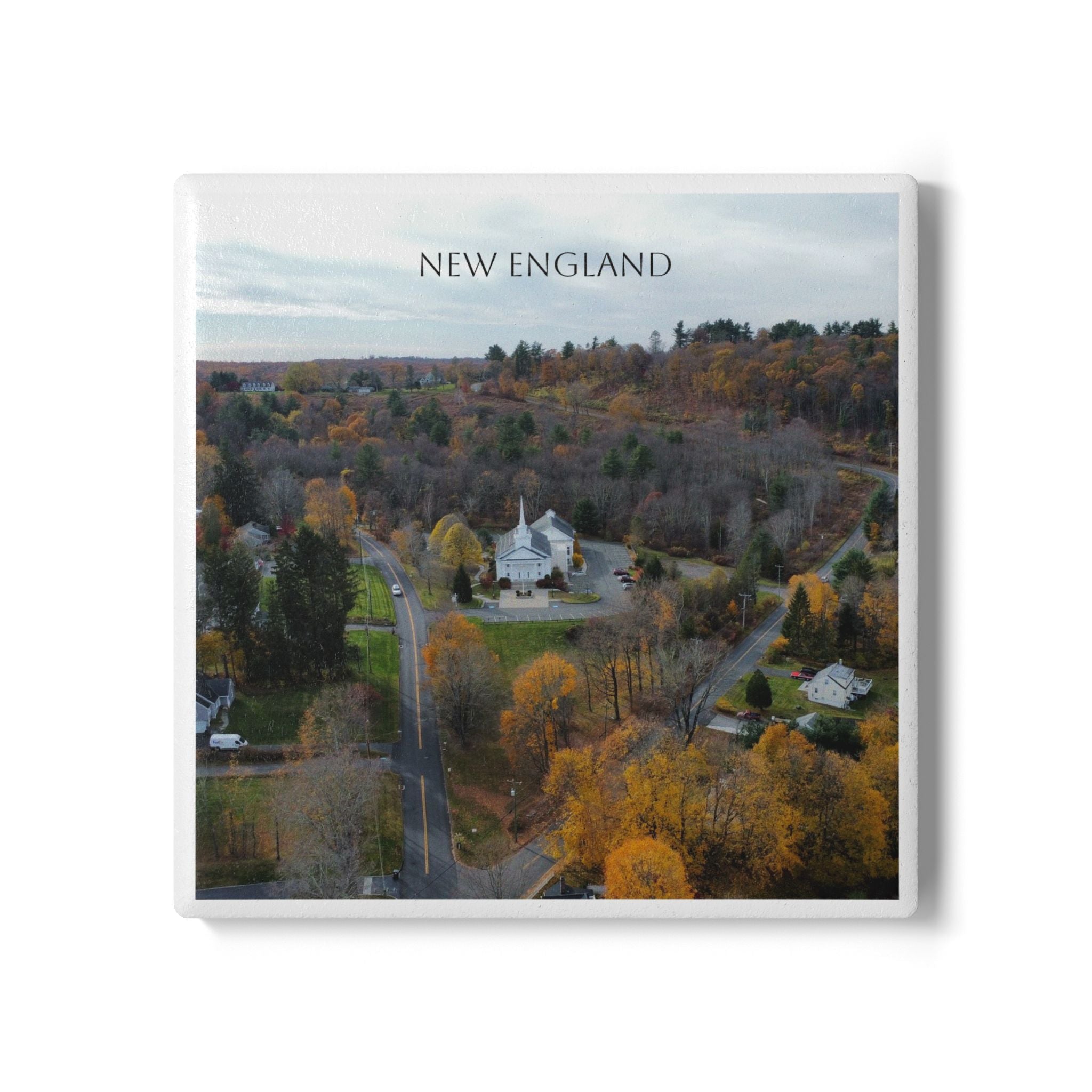 New England Fall Scenic Coaster — Ceramic Cork Back Drink Coaster
